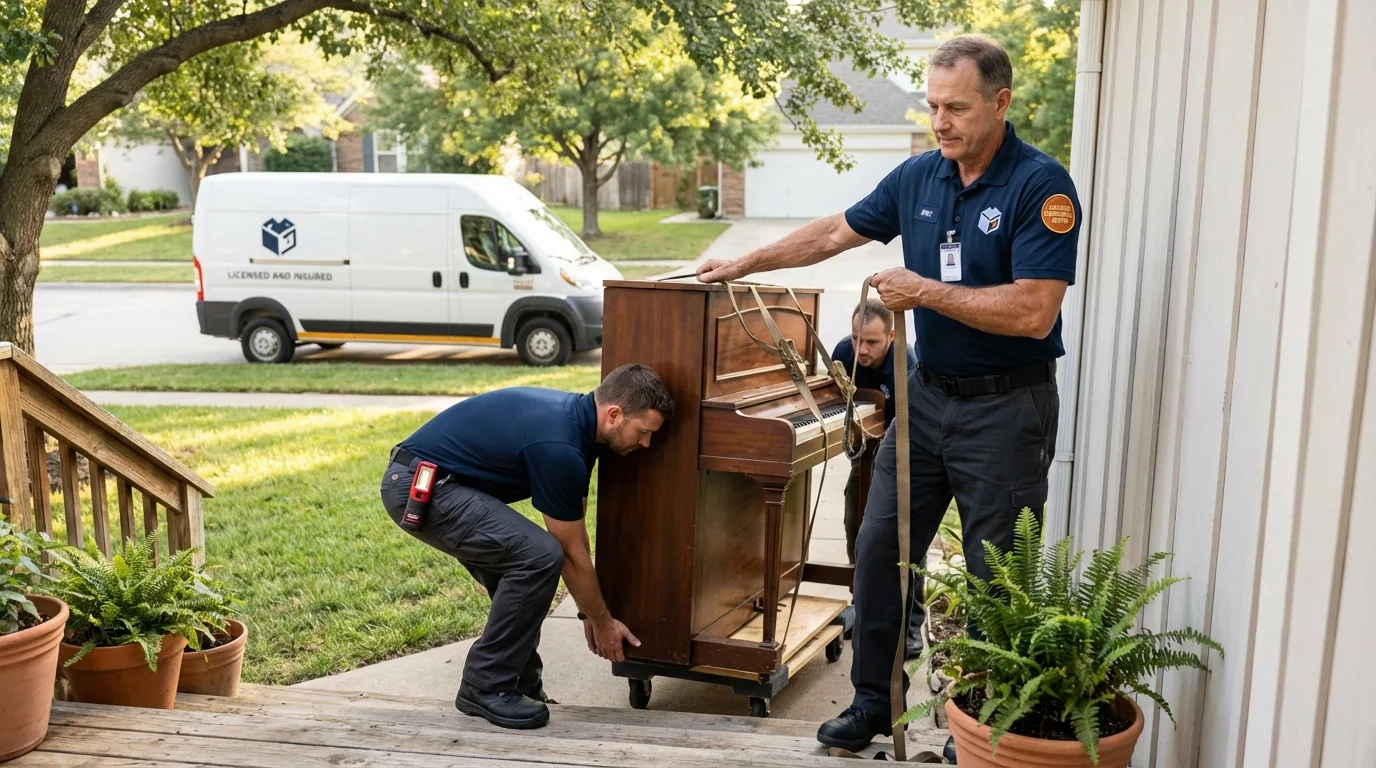 Licensed piano movers securing grand piano in Luray, VA